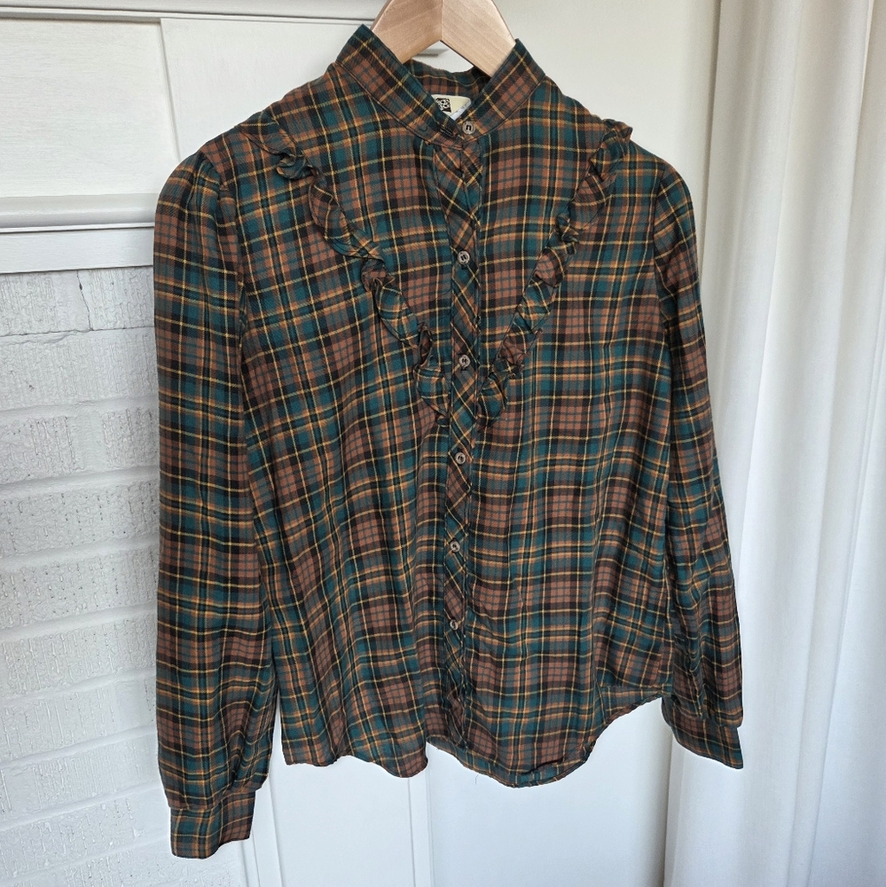 Vintage Green and Brown Plaid Button-Down Shirt with Ruffle Trim